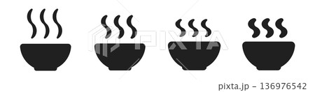 Steaming bowl icon set: four silhouettes in black 136976542