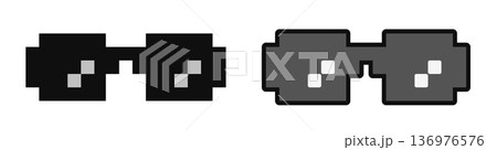 Pixelated 8-bit sunglasses icons in black and gray Pixelated 8-bit sunglasses icons in black and gray 136976576