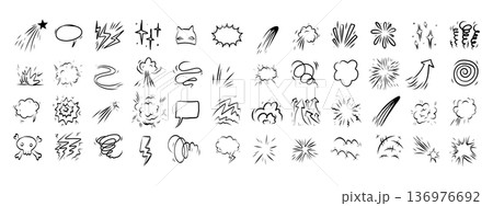 Comic effect manga elements set in black ink on white background. Hand drawn doodle bursts, speed lines, speech 136976692