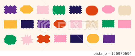 Set of colorful wavy geometric stickers. Pastel triangles, hexagons and rectangles for modern tags, abstract labels Set of colorful wavy geometric stickers. Pastel triangles, hexagons and rectangles for modern tags, abstract labels 136976694