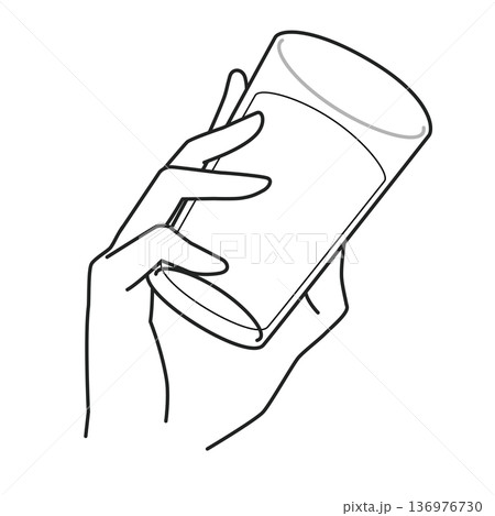 コップに入った水を持つ片手の線画 136976730