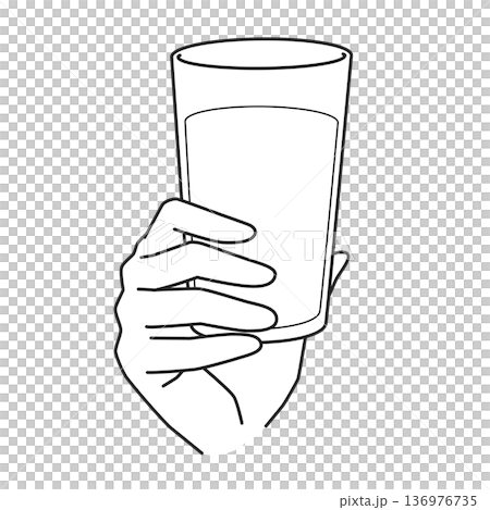 Line drawing of a hand holding a glass of water 136976735