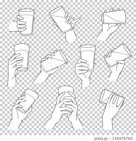 10 line drawings of hands holding a glass of water 136976760
