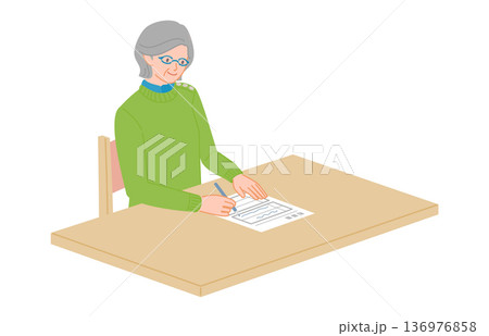 シニア女性が申込書に記入している途中のイラスト 136976858