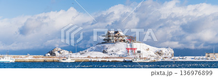 「青森県」雪景色のうみねこ繁殖地・蕪島　八戸市 136976899