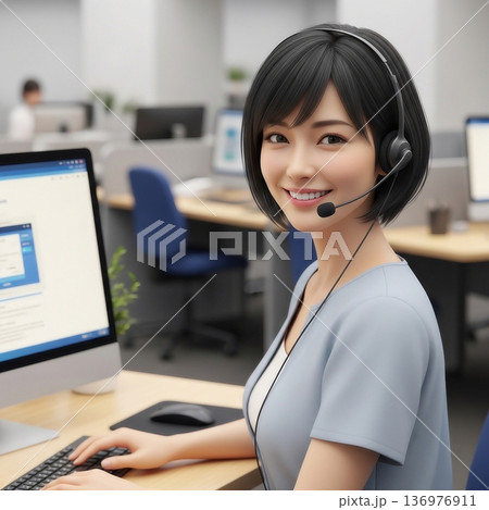 オフィスでコールセンターの仕事をする若い女性社員 136976911