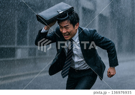 土砂降り中、走るビジネスマン 136976935