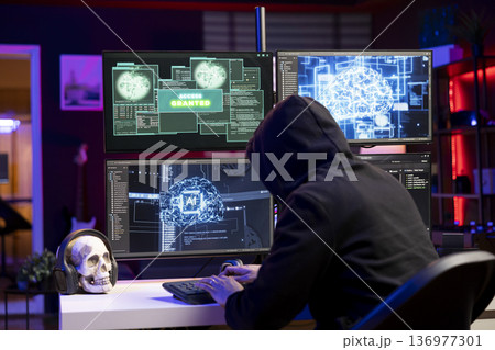 Hooded hacker typing on PC keyboard, using AI to break into secure computer systems and bypass security. Rogue engineer uses neural networks to attack weak spots in company networks 136977301