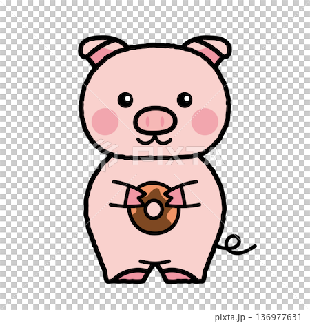 A simple and cute illustration of a pig holding a donut 136977631