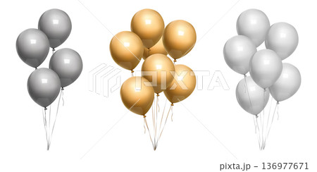 Bunch of happy birthday balloons 3d, minimal bday present. Gold, silver corol party decoration, vector isolated on white bg. Inflated air balls float, realistic element mockup. Anniversary helium gift Bunch of happy birthday balloons 3d, minimal bday present. Gold, silver corol party decoration, vector isolated on white bg. Inflated air balls float, realistic element mockup. Anniversary helium gift 136977671