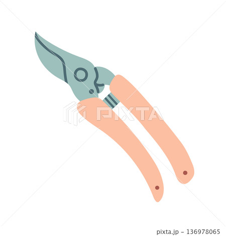 Minimalist vector pruning shears in soft pastel tones. Ideal for gardening, plant care, spring garden designs, landscaping visuals, floral tools, and eco friendly illustration projects 136978065