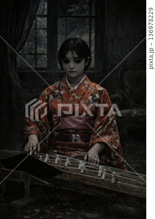 薄暗い廃屋で琴を奏でる和装の少女|幻想的な和風ダークポートレート 薄暗い廃屋で琴を奏でる和装の少女|幻想的な和風ダークポートレート 136978229