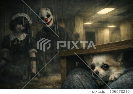 不気味な廃ビルに佇むマリオネットと少女|怯えるチワワのホラーシーン 不気味な廃ビルに佇むマリオネットと少女|怯えるチワワのホラーシーン 136978230