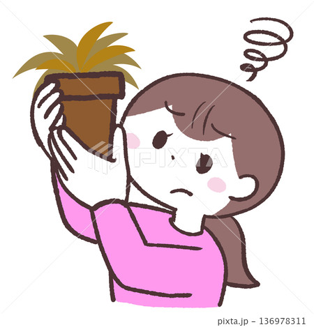 枯れた鉢植えを持つ女性のイラスト 136978311