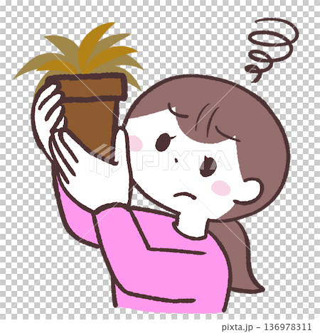 枯れた鉢植えを持つ女性のイラスト 136978311