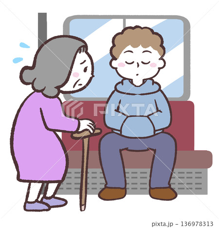 車内で座れなくて困るシニア女性のイラスト 車内で座れなくて困るシニア女性のイラスト 136978313