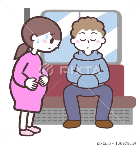 車内で座れなくて困る妊婦のイラスト 136978314