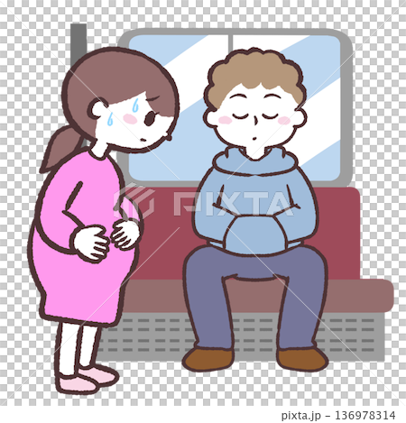 車内で座れなくて困る妊婦のイラスト 136978314