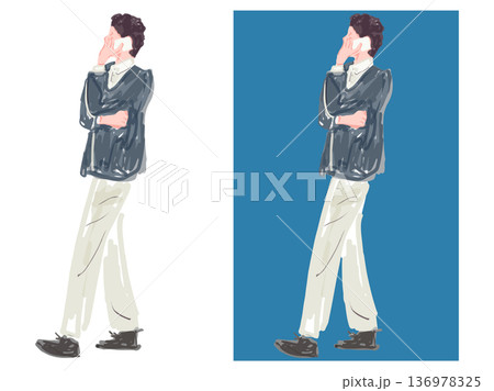 スマートフォンで話すジャケット姿の男性のイラストセット 背景なしと背景ありのバリエーション スマートフォンで話すジャケット姿の男性のイラストセット 背景なしと背景ありのバリエーション 136978325