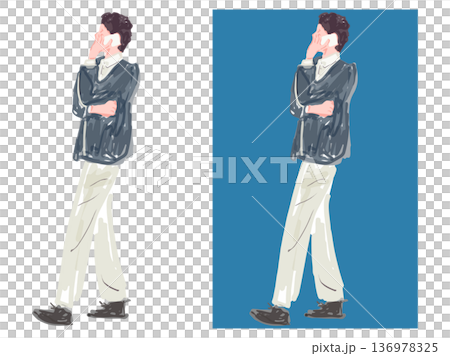 スマートフォンで話すジャケット姿の男性のイラストセット 背景なしと背景ありのバリエーション スマートフォンで話すジャケット姿の男性のイラストセット 背景なしと背景ありのバリエーション 136978325