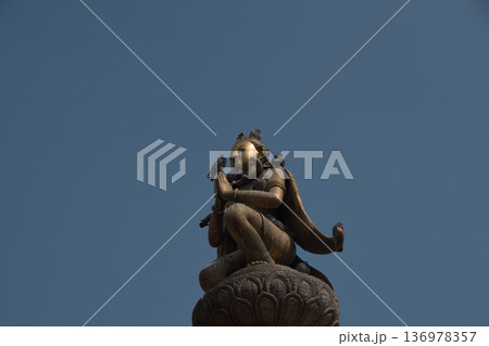 ネパールの青空に映える黄金の神像と止まっている鳩 ネパールの青空に映える黄金の神像と止まっている鳩 136978357