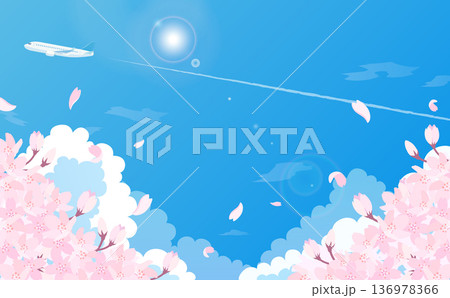 桜と青空と飛行機のイラスト1_横 桜と青空と飛行機のイラスト1_横 136978366