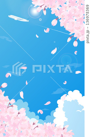 桜と青空と飛行機のイラスト2_縦 136978369