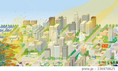 花粉と黄砂で霞んだ街並み. アイソメ図で描いた都市. 136978625