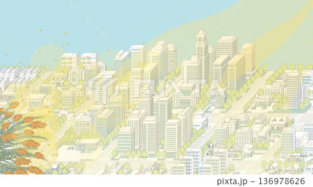 花粉と黄砂で霞んだ街並み. アイソメ図で描いた都市. 136978626