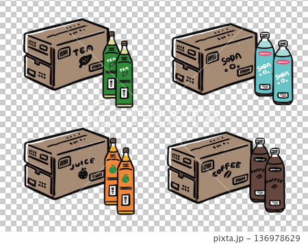 紙板和各種飲料塑膠瓶插圖集 136978629