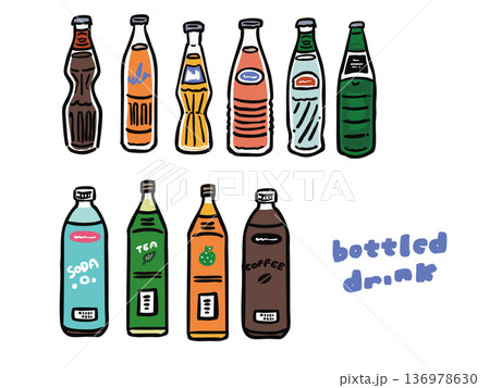 いろいろな飲料　瓶・ペットボトルのイラストセット 136978630