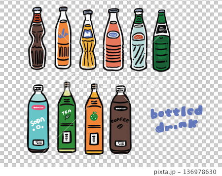 いろいろな飲料　瓶・ペットボトルのイラストセット 136978630