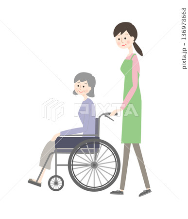 車いすに乗るシニア女性と介護士の女性 136978668