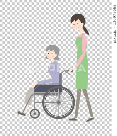 車いすに乗るシニア女性と介護士の女性 136978668
