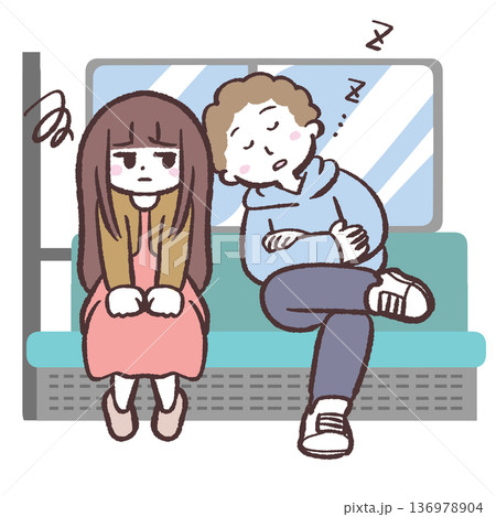 居眠りする乗客と困る女性のイラスト 居眠りする乗客と困る女性のイラスト 136978904
