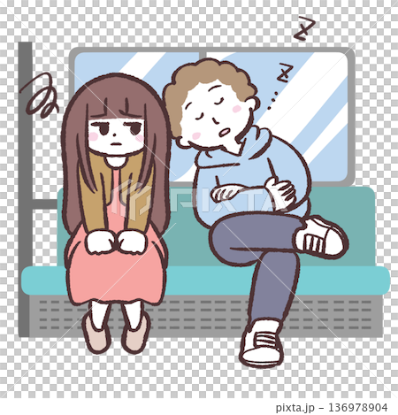 居眠りする乗客と困る女性のイラスト 居眠りする乗客と困る女性のイラスト 136978904