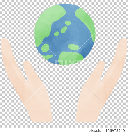 Watercolor illustration of the Earth floating in the palm of your hand | Environmental protection, sustainability, SDGs, global environment 136978940