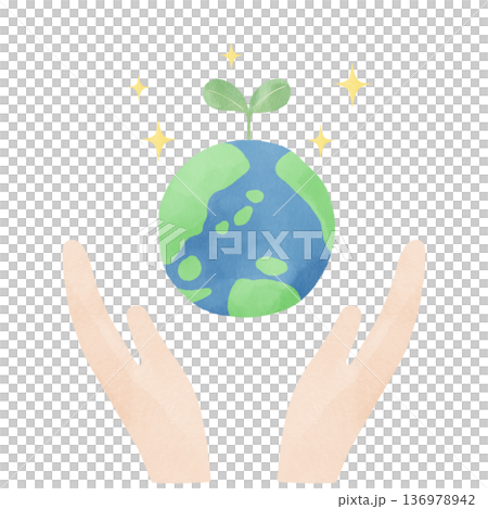 Watercolor illustration of the Earth floating in the palm of your hand | Environmental protection, sustainability, SDGs, global environment 136978942