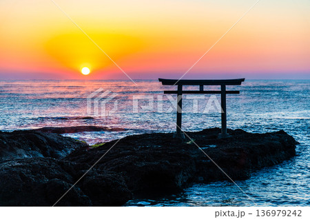 茨城 大洗磯前神社 神磯の鳥居の夜明け 茨城 大洗磯前神社 神磯の鳥居の夜明け 136979242