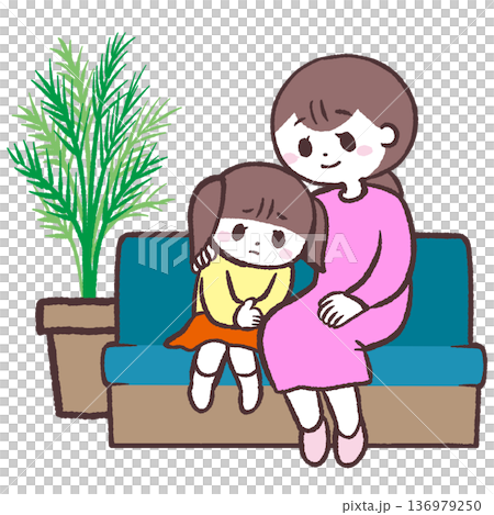 ソファーに座って女の子を慰める女性のイラスト 136979250