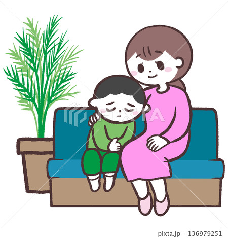 ソファーに座って男の子を慰める女性のイラスト ソファーに座って男の子を慰める女性のイラスト 136979251