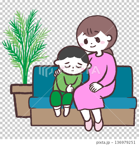 ソファーに座って男の子を慰める女性のイラスト ソファーに座って男の子を慰める女性のイラスト 136979251