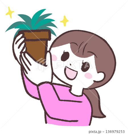 笑顔で鉢植えを持つ女性のイラスト 笑顔で鉢植えを持つ女性のイラスト 136979253