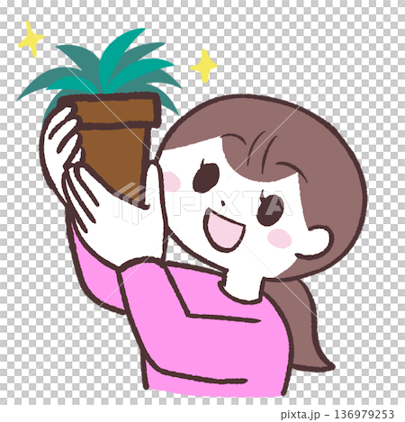 笑顔で鉢植えを持つ女性のイラスト 笑顔で鉢植えを持つ女性のイラスト 136979253