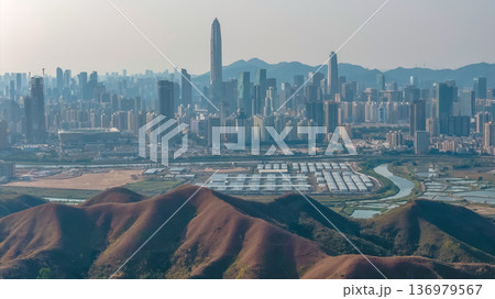 Ma Tso Lung wetlands overlooking towering Shenzhen urban skyline Feb 18 2026 136979567