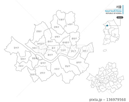 Map of Seoul, the capital of South Korea, marked administrative districts with black lines on a white background 136979568