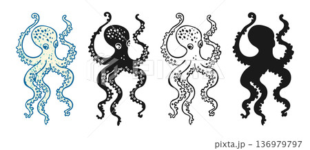 Octopus Illustration Vintage Hand Drawn Sea Creature Nautical Marine Monster Ocean Animal 136979797