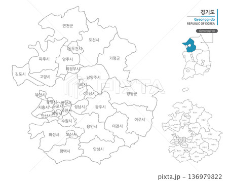 A map of Gyeonggi-do, South Korea, which marks administrative districts with black lines on a white background A map of Gyeonggi-do, South Korea, which marks administrative districts with black lines on a white background 136979822
