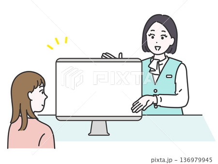 相手に向かい合いながらパソコンモニター指差して説明するビジネス女性のイメージイラスト 相手に向かい合いながらパソコンモニター指差して説明するビジネス女性のイメージイラスト 136979945