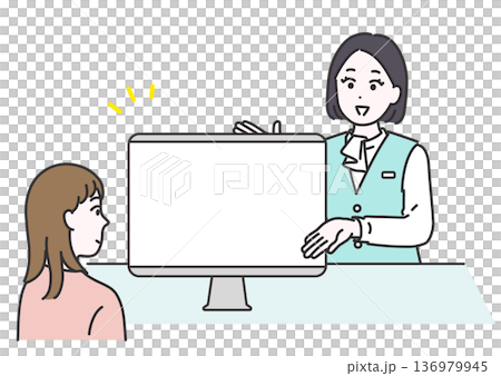 相手に向かい合いながらパソコンモニター指差して説明するビジネス女性のイメージイラスト 相手に向かい合いながらパソコンモニター指差して説明するビジネス女性のイメージイラスト 136979945